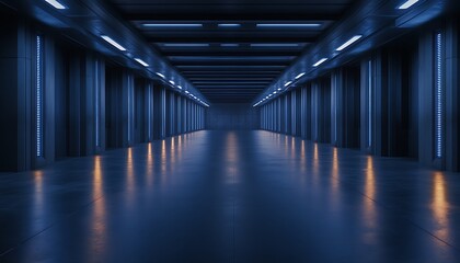 Poster - A futuristic corridor illuminated by blue lights, featuring sleek walls and a reflective floor, creating a high-tech, ambient atmosphere.