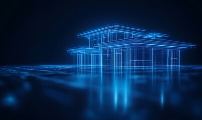 Poster - A futuristic blue digital structure resembling a building, floating above a reflective surface, illuminated by shimmering lines of light.