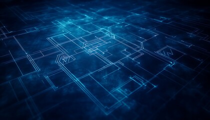 Aufkleber - A futuristic blue digital matrix with glowing lines and points, illustrating a high-tech network or data processing environment.