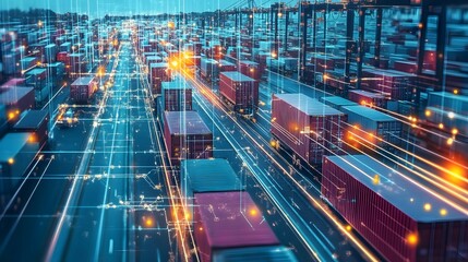 Poster - a high-tech supply chain system where blockchain, AI, and IoT manage the entire logistics process from start to finish, with transparent, real-time tracking of goods, predictive analytics, and automat