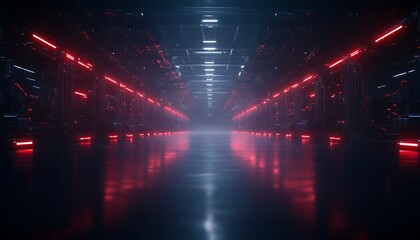 Fototapete - A futuristic corridor illuminated with red lights creates a mysterious atmosphere, featuring a smooth reflective surface.