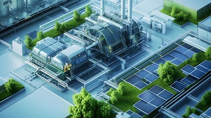 Poster - a green, eco-friendly factory where renewable energy powers machines, and the process emphasizes recycling and zero waste, showcasing the harmony between technology and sustainability.