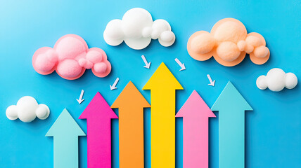 Poster - Colorful arrows pointing upwards from fluffy clouds on bright blue background create cheerful and uplifting atmosphere. This playful design symbolizes growth and positivity
