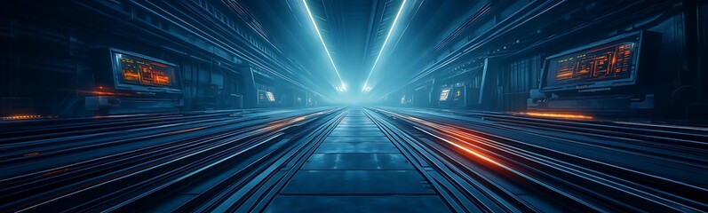 Poster - A futuristic, illuminated corridor featuring vibrant lights, suggesting advanced technology and an expansive digital environment.