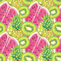 Canvas Print - Vibrant tropical fruit pattern featuring watermelon, kiwi, and pineapple for summer design - seamless pattern