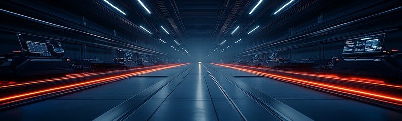 Poster - A futuristic corridor illuminated by blue and red lights, suggesting advanced technology and a sci-fi atmosphere.