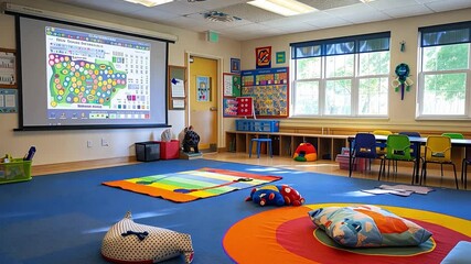 Poster - This cozy classroom filled with colorful rugs, chairs, and educational materials for young learners.