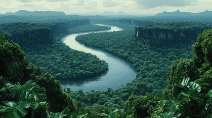 Wall Mural - Breathtaking Aerial View of Lush Verdant Jungle with Meandering River and Dense Tropical Rainforest Amidst Majestic Hills Under Cloudy Sky Perfect for Nature Lovers