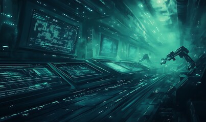 Poster - A futuristic, neon-lit environment featuring intricate machinery and a robotic figure, evoking a sense of advanced technology and exploration.
