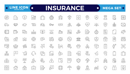 Insurance Outline icons set. Life, medical, car, travel, house, healthcare, money and social insurance, education, insurance, law, government  thin line icon pack. Editable stroke outline icon.