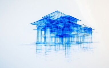Poster - A blue architectural sketch of a building, showcasing intricate details and geometric lines against a light background.