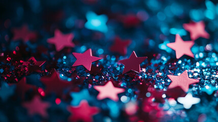 Poster - Colorful star-shaped confetti scattered on a shimmering blue and pink background for celebrations