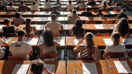 Poster - This Young learners concentrate on their exams in a bustling classroom filled with sunlight.