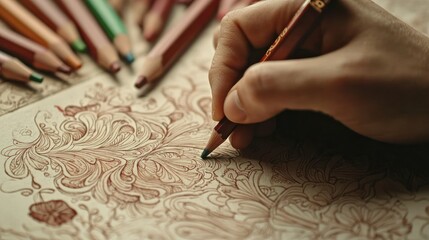 Wall Mural - a close-up of a hand drawing intricate patterns on textured paper, with colored pencils scattered ne