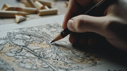 Wall Mural - a close-up of a hand sketching a detailed drawing using a pencil, with shavings around