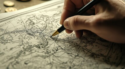 Wall Mural - a close-up of a hand sketching a detailed map on paper, showcasing geographic features