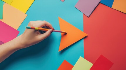 Wall Mural - a hand creating a bold arrow illustration on paper, surrounded by color swatches