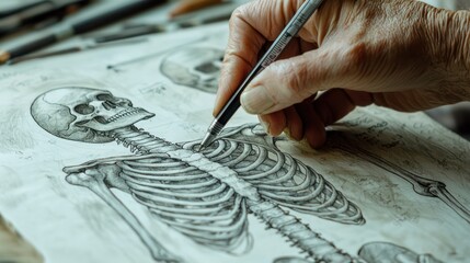 Wall Mural - a hand creating a scientific drawing of a human skeleton, emphasizing bone structure