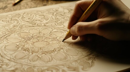 Wall Mural - a hand drawing intricate designs with a pencil on a textured paper, highlighting creativity