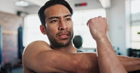 Poster - Fitness, stretching and face of man in gym for performance, wellness and warm up. Sports health, preparation and portrait of person for exercise, bodybuilder training and workout or flexibility