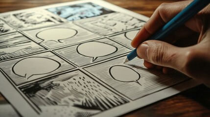 Wall Mural - a hand illustrating a comic strip on paper, with panels and speech bubbles taking shape