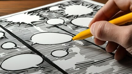 Wall Mural - a hand illustrating a comic strip on paper, with panels and speech bubbles taking shape