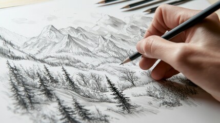 Wall Mural - a hand sketching an outdoor scene with mountains and trees, emphasizing nature