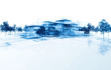 Poster - A digital, abstract representation of a building with blurred edges and a serene atmosphere, surrounded by minimalistic trees and a light background.