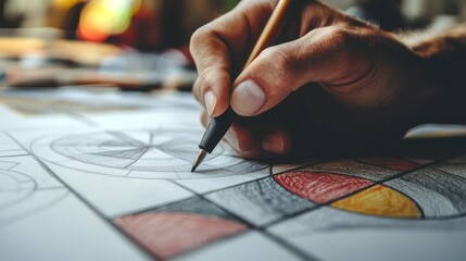 Wall Mural - an artist's hand drawing a series of isolated shapes and patterns on paper