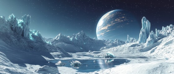 surreal ice mountains and frozen lake on alien planet with distant gas giant