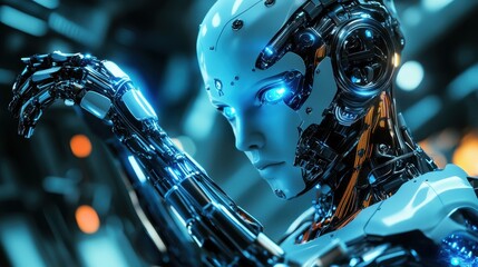 Poster - Futuristic Cyborg Woman with Blue Glowing Eyes, Artificial Intelligence, Robotics, AI, Android, Technology, Science, 3D Render, Digital Art.