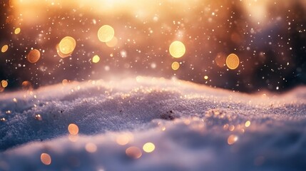 Poster - A winter scene with snow covered ground and bokeh lights creating a magical and festive atmosphere outdoors
