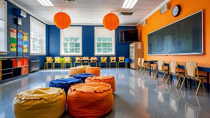 Poster - This classroom has colorful bean bags and bright walls, creating an inviting space for students.