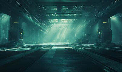 Poster - An atmospheric, industrial setting featuring beams of light cutting through a dark, expansive space, creating a mysterious and futuristic ambiance.