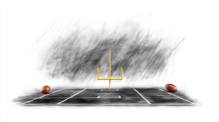 Poster - Creative sketch of football field with goalposts and footballs, showcasing dynamic and artistic representation of sport