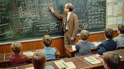 Fototapete - This teacher enthusiastically explains concepts to a class of attentive students at desks.