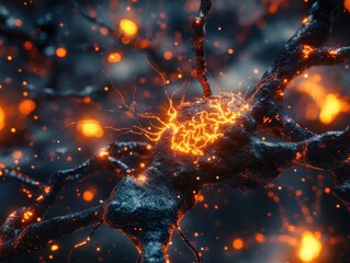 Poster - Abstract 3D Illustration of a Neuron With Glowing Synapses - Neuroscience, Brain, Neural Network, Scientific, Medical, Biology, Research