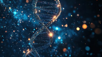 Poster - Abstract DNA Double Helix with Glowing Particles - Science, Genetics, and Biology Background