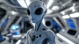 Closeup of a Realistic Grey Alien in a Futuristic Spaceship Interior.
