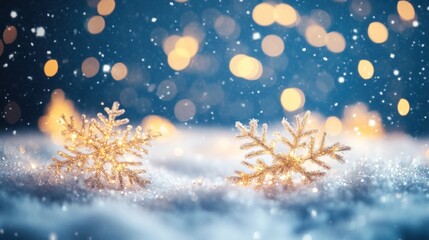 Poster - Golden snowflakes resting on snow with bokeh lights creating a magical winter holiday background scene