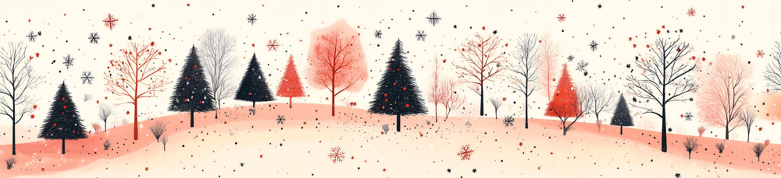 Christmas tree, snowflakes, and decorations on a white background. Vector illustration of a Christmas tree border or pattern. Black silhouette of trees with ornaments, stars, and falling snow