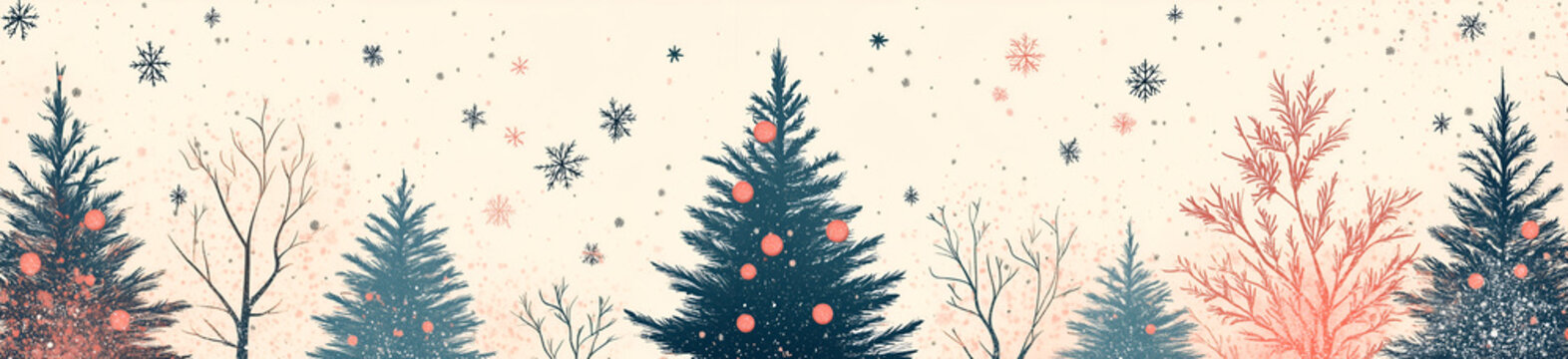 Christmas tree, snowflakes, and decorations on a white background. Vector illustration of a Christmas tree border or pattern. Black silhouette of trees with ornaments, stars, and falling snow