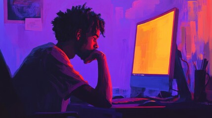 Poster - Person Focused on Computer Screen in Vibrant Setting