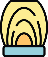 Poster - Simple vector icon of a yellow salt lamp standing on a wooden tabletop, emitting warm and cozy light