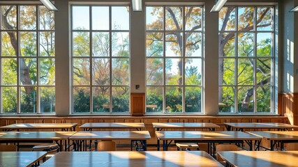 Poster - This classroom filled with wooden tables, sunlight streaming through large windows with trees outside.