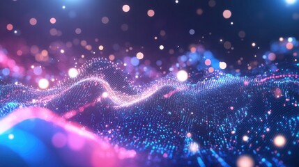 Poster - Abstract background with glowing particles and waves in shades of purple pink and blue creating a dreamy effect