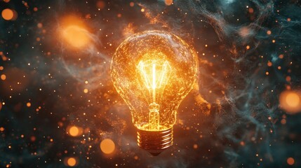 Poster - A glowing lightbulb surrounded by a nebula with bright orange and white light emanating from the center
