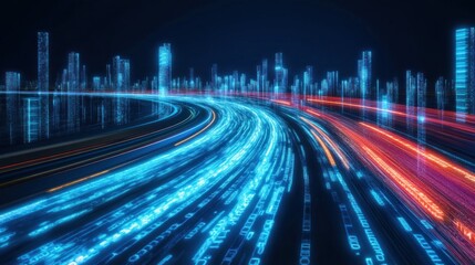 Poster - Abstract city skyline with blurred light trails in blue and red creating a sense of speed and motion