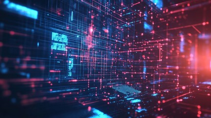 Aufkleber - Abstract technology background with blue and red lights creating a futuristic digital network scene