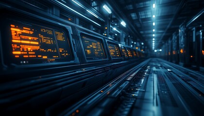 Aufkleber - A futuristic corridor featuring illuminated panels and a sleek metallic design, conveying a high-tech atmosphere.